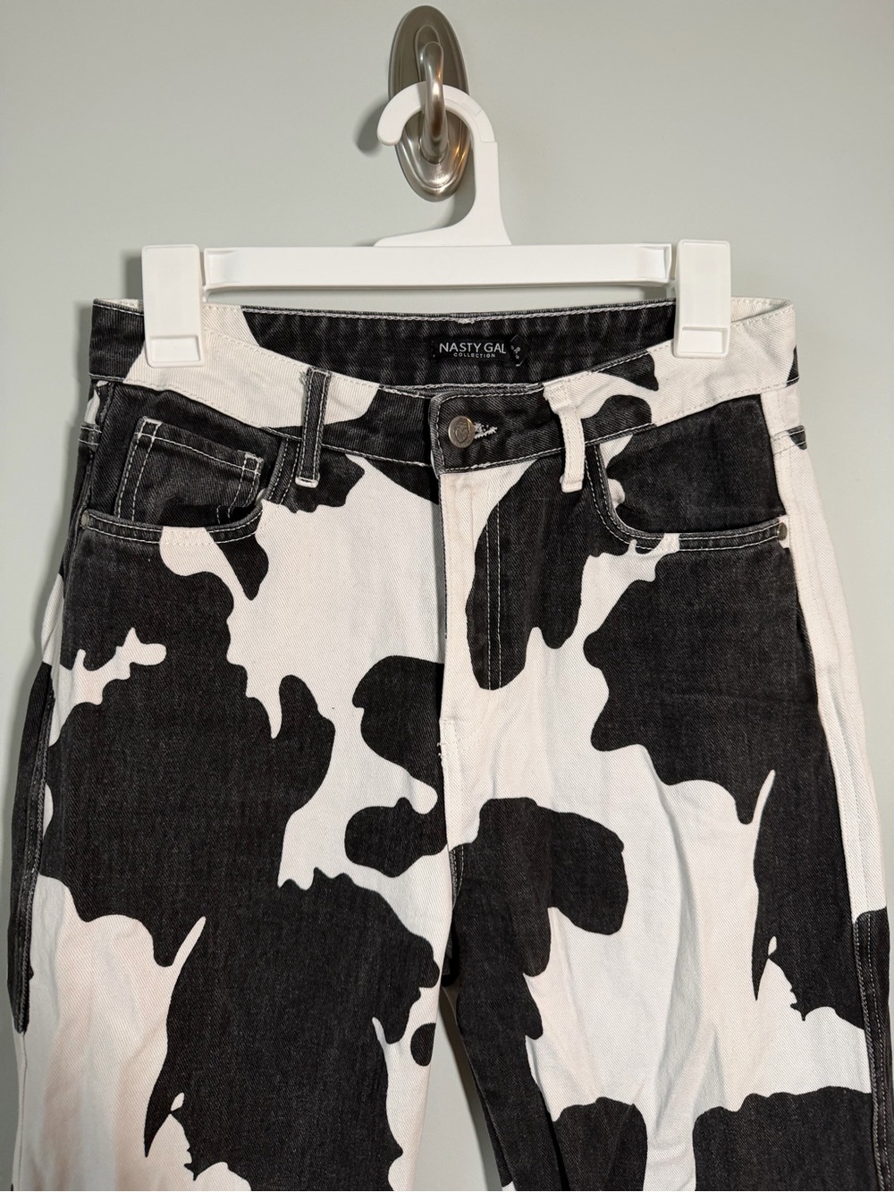 Nasty Gal Black and White Cow Print Denim Jeans - Picture 2 of 8